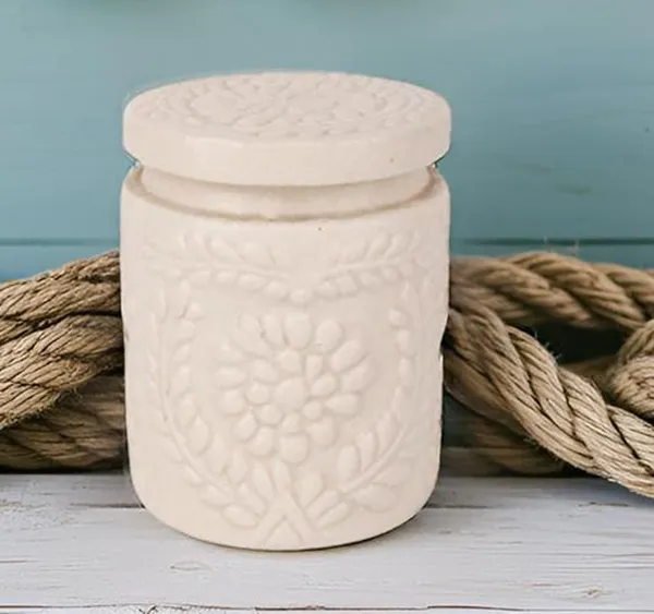 INDHA_Ceramic_Handmade_Pickle_Jar_|_Floral_Embossed_Achaar_Martban_|_Kitchen_Storage_Container_for_Achar,_Spices,_Salt_|_Pottery_Jar_(Off_White-4910)