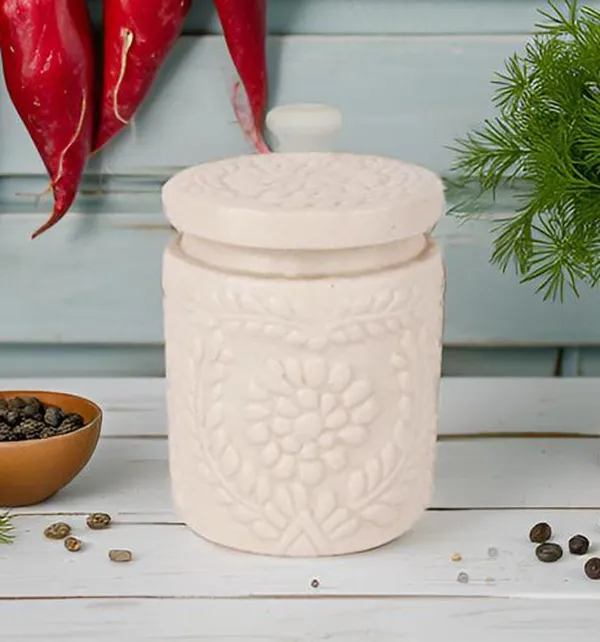 INDHA_Ceramic_Handmade_Pickle_Jar_|_Floral_Embossed_Achaar_Martban_|_Kitchen_Storage_Container_for_Achar,_Spices,_Salt_|_Pottery_Jar_(Off_White-4910)