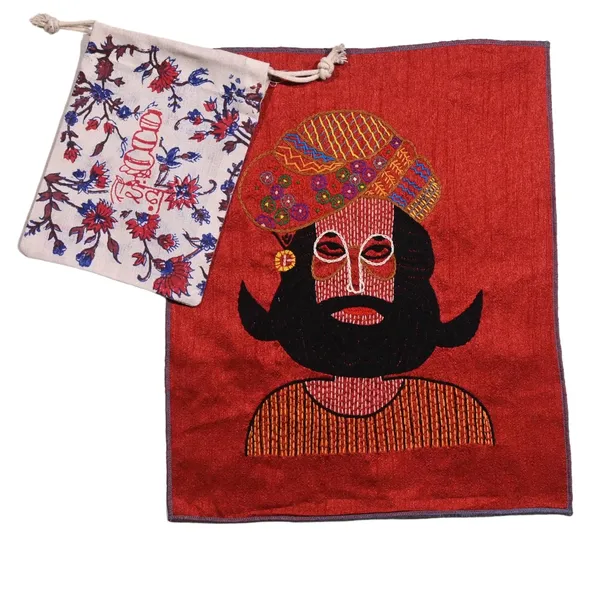 Indha_Handcrafted_Embroidered_Fabric_Panel_–_Royal_Man_Design_on_Maroon_Dupion_Silk,_13.7_x_11.4_inches_–_Indian_Applique_Craft_Textile_(Maroon_Rajput_Warrior)