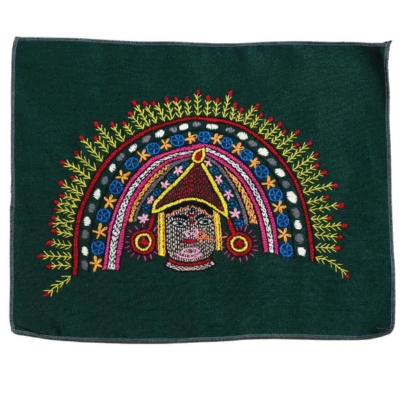 Indha_Handcrafted_Embroidered_Fabric_Panel_–_Royal_Man_Design_on_Maroon_Dupion_Silk,_13.7_x_11.4_inches_–_Indian_Craft_Textile_(Green_Chhau_Karthik)