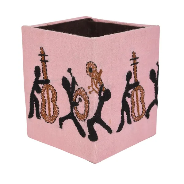 Indha_Handcrafted_Upcycled_Pen_Stand_&_Holder_–_Hand_Embroidered,_Eco-Friendly_Desk_Organizer_for_Home,_Office_&_Gifting_(White-Musician_Motif)