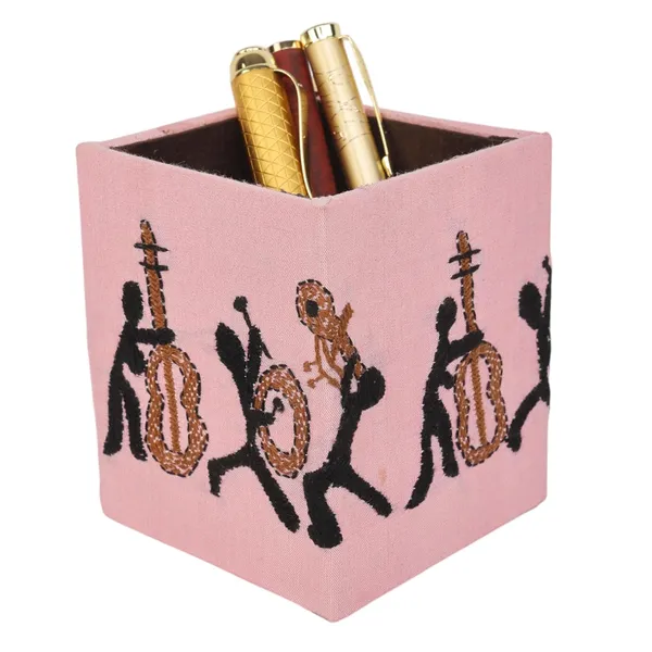 Indha_Handcrafted_Upcycled_Pen_Stand_&_Holder_–_Hand_Embroidered,_Eco-Friendly_Desk_Organizer_for_Home,_Office_&_Gifting_(White-Musician_Motif)