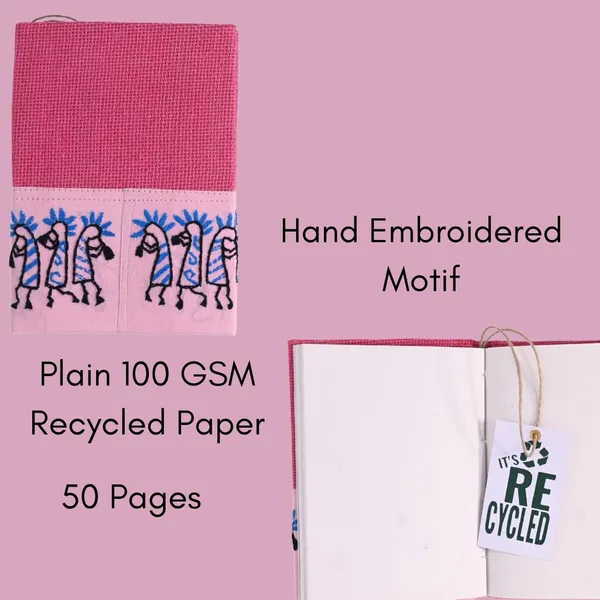 INDHA_Handmade_Jute_Diary_–_Hand-Embroidered_Musical_Instruments_Applique,_5x7_Inches,_100_GSM_Eco-Friendly_Recycled_Paper,_Elegant_Gift_Choice_(Pink)
