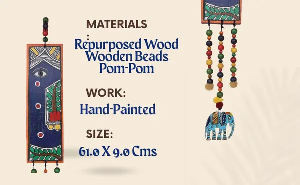 Indha_Upcycled_Green_Wood_Wall_Hanging_|_Hand-Painted_Eye_Motif_with_Pom-Poms,_Beads_&_Mini_Elephant_|_Sustainable_Ethnic_Wall_Decor_|_61_x_9_cm