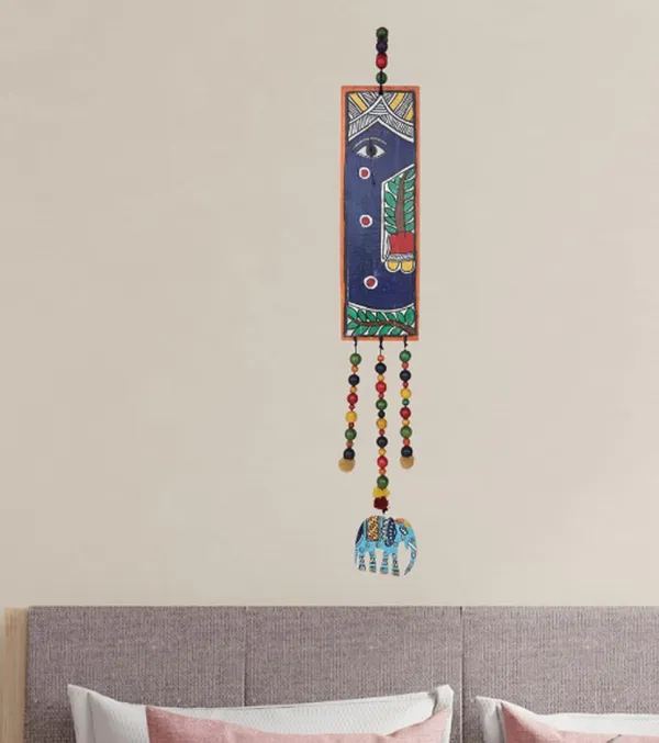 Indha_Upcycled_Green_Wood_Wall_Hanging_|_Hand-Painted_Eye_Motif_with_Pom-Poms,_Beads_&_Mini_Elephant_|_Sustainable_Ethnic_Wall_Decor_|_61_x_9_cm
