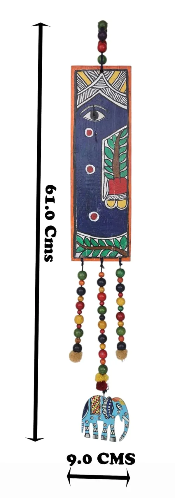 Indha_Upcycled_Green_Wood_Wall_Hanging_|_Hand-Painted_Eye_Motif_with_Pom-Poms,_Beads_&_Mini_Elephant_|_Sustainable_Ethnic_Wall_Decor_|_61_x_9_cm