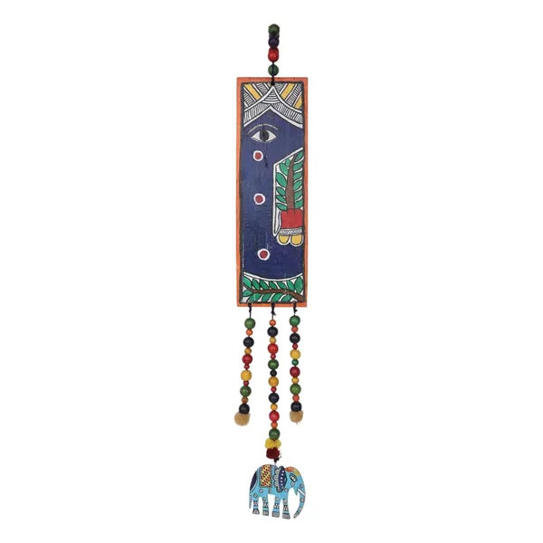 Indha_Upcycled_Green_Wood_Wall_Hanging_|_Hand-Painted_Eye_Motif_with_Pom-Poms,_Beads_&_Mini_Elephant_|_Sustainable_Ethnic_Wall_Decor_|_61_x_9_cm
