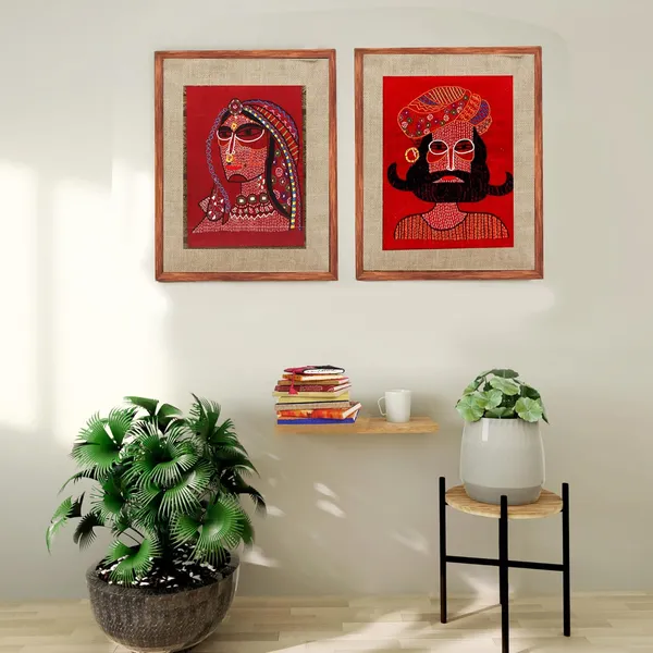 INDHA_Wooden_Framed_Wall_Decor_–_Hand-Embroidered_Rural_Rajasthani_Couple_Portrait_on_Jute_&_Dupion_Silk_|_Vegan_Leather_Back_|_Sustainable_Rustic_Home_&_Office_Art_–_15_x_13_Inch