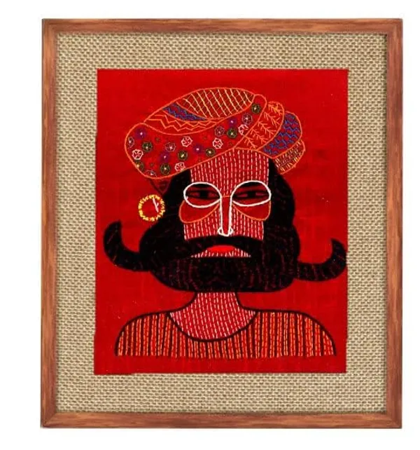 INDHA_Wooden_Framed_Wall_Decor_–_Hand-Embroidered_Rural_Rajasthani_Couple_Portrait_on_Jute_&_Dupion_Silk_|_Vegan_Leather_Back_|_Sustainable_Rustic_Home_&_Office_Art_–_15_x_13_Inch