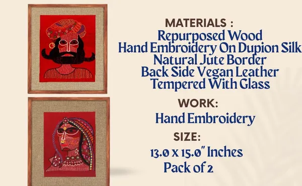 INDHA_Wooden_Framed_Wall_Decor_–_Hand-Embroidered_Rural_Rajasthani_Couple_Portrait_on_Jute_&_Dupion_Silk_|_Vegan_Leather_Back_|_Sustainable_Rustic_Home_&_Office_Art_–_15_x_13_Inch