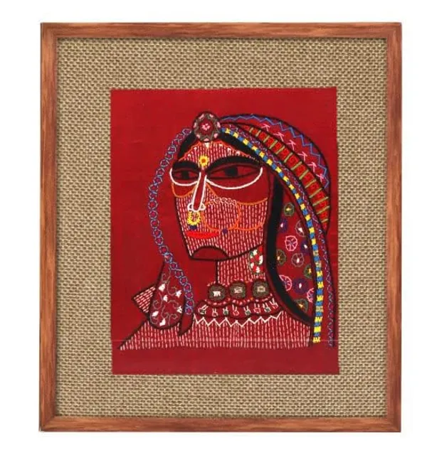 INDHA_Wooden_Framed_Wall_Decor_–_Hand-Embroidered_Rural_Rajasthani_Couple_Portrait_on_Jute_&_Dupion_Silk_|_Vegan_Leather_Back_|_Sustainable_Rustic_Home_&_Office_Art_–_15_x_13_Inch