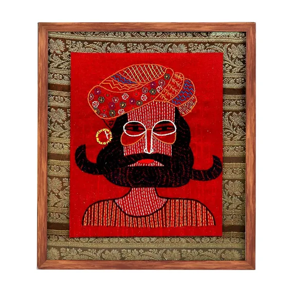 Indha_Hand_Embroidered_Wall_Art_Set_–_Portraits_of_Rural_Rajasthani_Man_&_Woman_|_Eco-Friendly_Reprocessed_Wood_Frame_|_Vibrant_Red_Background_|_Set_of_2