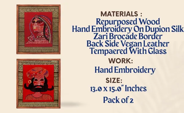 Indha_Hand_Embroidered_Wall_Art_Set_–_Portraits_of_Rural_Rajasthani_Man_&_Woman_|_Eco-Friendly_Reprocessed_Wood_Frame_|_Vibrant_Red_Background_|_Set_of_2