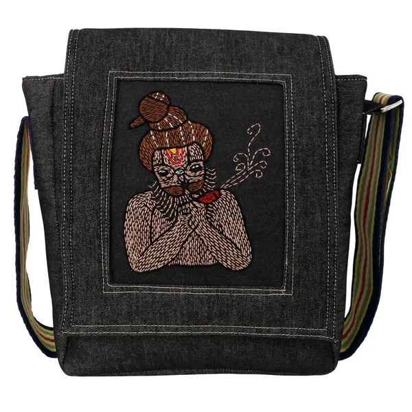 INDHA_Hand-Embroidered_Denim_Crossbody_Sling_Bag_for_Man_|_Bohemian_Style_Everyday_Carry_|_Handmade_Denim_Bag_with_Adjustable_Strap_|_Casual_Travel_&_College_Sling