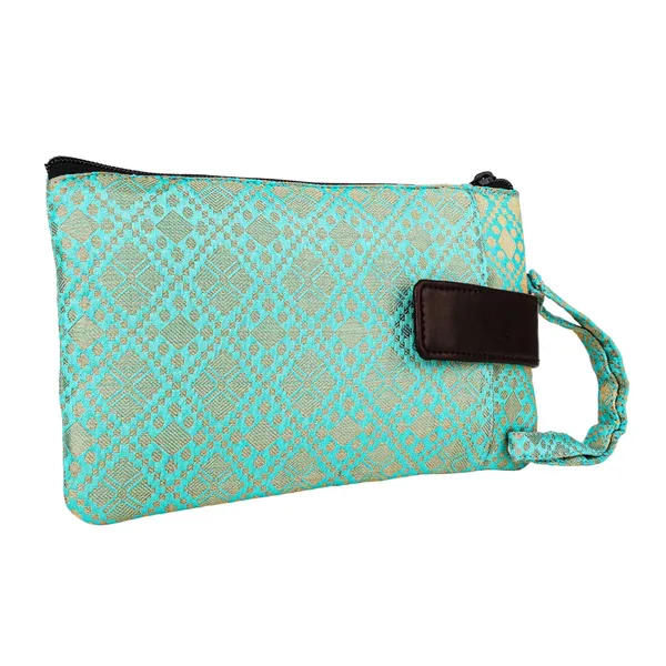 Indha_Handcrafted_Mobile_Case_for_Women_�_Green_&_Golden_Silk_Brocade_Wristlet_Pouch_|_Mini_Wallet_with_Mobile_Compartment_|_Slim_Phone_Pouch_for_Cash,_Cards_&_Essentials_|_Handmade_in_India