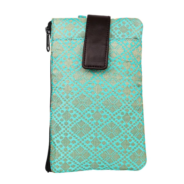 Indha_Handcrafted_Mobile_Case_for_Women_�_Green_&_Golden_Silk_Brocade_Wristlet_Pouch_|_Mini_Wallet_with_Mobile_Compartment_|_Slim_Phone_Pouch_for_Cash,_Cards_&_Essentials_|_Handmade_in_India