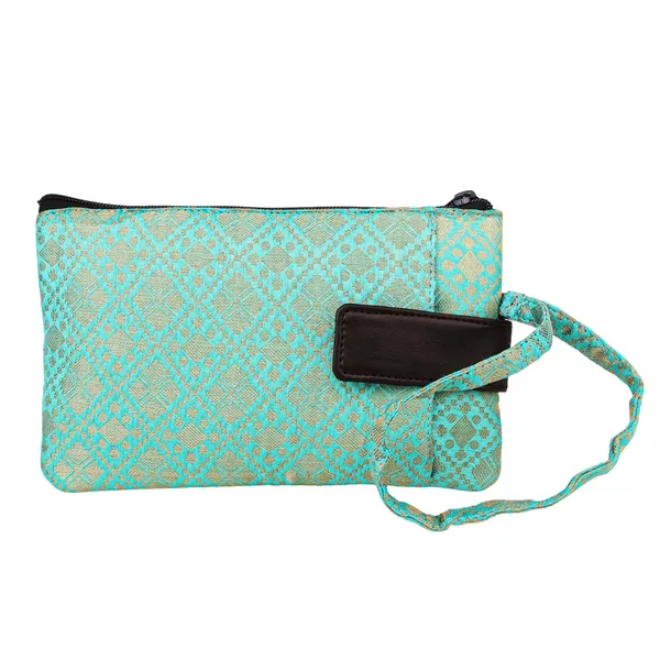 Indha_Handcrafted_Mobile_Case_for_Women_�_Green_&_Golden_Silk_Brocade_Wristlet_Pouch_|_Mini_Wallet_with_Mobile_Compartment_|_Slim_Phone_Pouch_for_Cash,_Cards_&_Essentials_|_Handmade_in_India