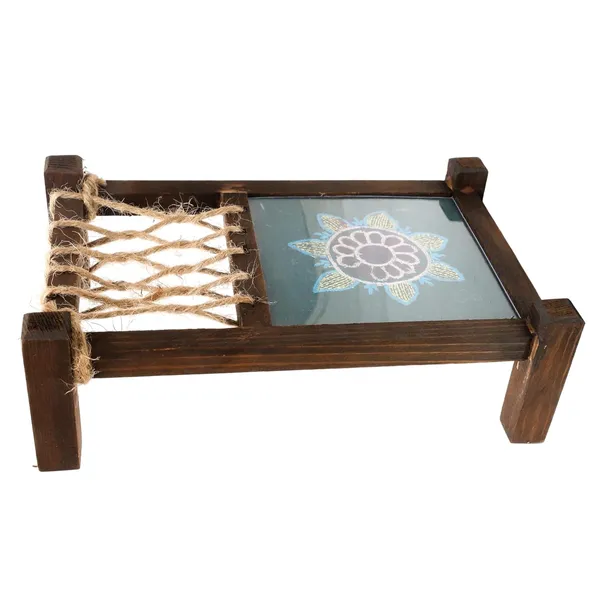Indha_Handcrafted_Mini_Charpai_Coaster_Set_|_Wooden_Table_D�cor_for_Dining_&_Living_Room_|_Hand_Embroidered_Dupion_Silk_Coasters_|_Quirky_Home_Decor_&_Festive_Gift_Idea_(Teal_Green)