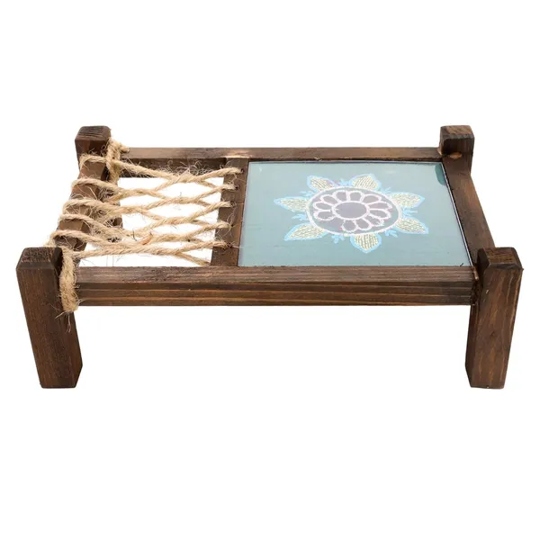 Indha_Handcrafted_Mini_Charpai_Coaster_Set_|_Wooden_Table_D�cor_for_Dining_&_Living_Room_|_Hand_Embroidered_Dupion_Silk_Coasters_|_Quirky_Home_Decor_&_Festive_Gift_Idea_(Teal_Green)