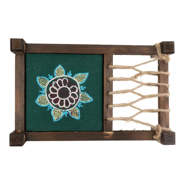 Indha_Handcrafted_Mini_Charpai_Coaster_Set_|_Wooden_Table_D�cor_for_Dining_&_Living_Room_|_Hand_Embroidered_Dupion_Silk_Coasters_|_Quirky_Home_Decor_&_Festive_Gift_Idea_(Teal_Green)