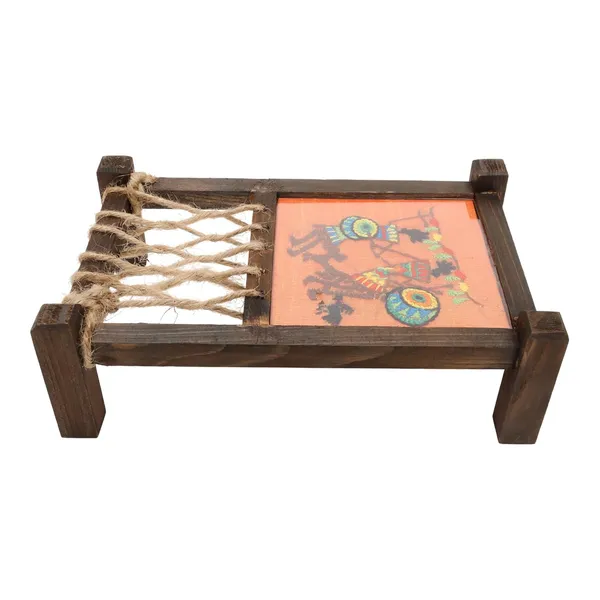 Indha_Handcrafted_Mini_Charpai_Coaster_Set_|_Wooden_Table_D�cor_for_Dining_&_Living_Room_|_Hand_Embroidered_Dupion_Silk_Coasters_|_Quirky_Home_Decor_&_Festive_Gift_Idea_(Orange)