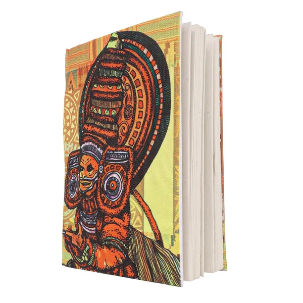 INDHA_Handmade_Recycled_Paper_Diary_|_Kerala_Folk_Art_Dancer_Illustration_|_Eco-Friendly_Canvas_Cover_Notebook_|_5_x_7.5_Inch_Unruled_Journal_|_50_Sheets_|_Sustainable_Gift_for_Art_&_Culture_Lovers