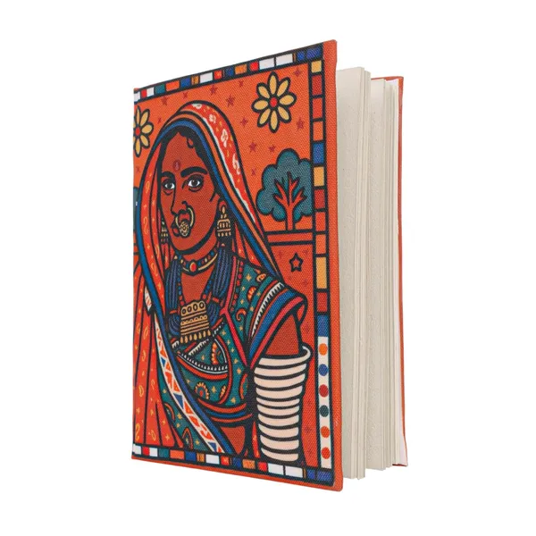 INDHA_Handmade_Recycled_Paper_Diary_|_Folk_Art_Rajasthani_Woman_Illustration_on_Canvas_|_Eco-Friendly_Unruled_Journal_|_5_x_7.5_Inches_|_50_Sheets_|_Indian_Art_Notebook_for_Writing_&_Sketching
