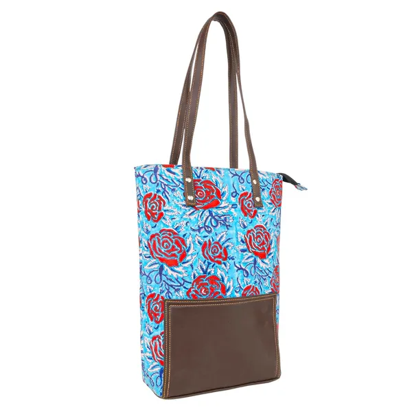 Indha_Printed_Canvas_Tote_Bag_for_Women_|_Sky_Blue_&_Red_Floral_Hand_Block_Print_|_Brown_Vegan_Leather_Appliqu�_|_Lightweight_Everyday_Shoulder_Bag_for_Work,_College_&_Shopping