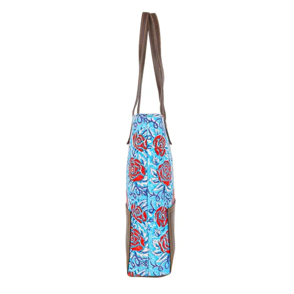 Indha_Printed_Canvas_Tote_Bag_for_Women_|_Sky_Blue_&_Red_Floral_Hand_Block_Print_|_Brown_Vegan_Leather_Appliqu�_|_Lightweight_Everyday_Shoulder_Bag_for_Work,_College_&_Shopping