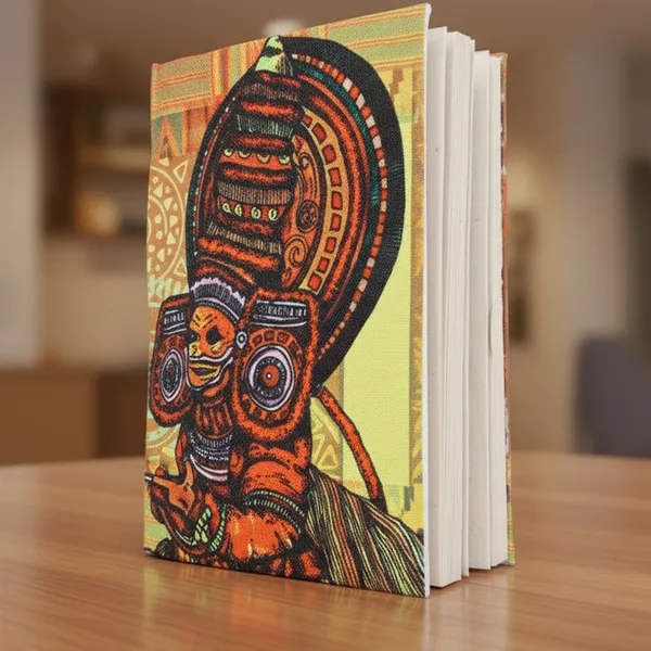 INDHA_Handmade_Recycled_Paper_Diary_|_Kerala_Folk_Art_Dancer_Illustration_|_Eco-Friendly_Canvas_Cover_Notebook_|_5_x_7.5_Inch_Unruled_Journal_|_50_Sheets_|_Sustainable_Gift_for_Art_&_Culture_Lovers