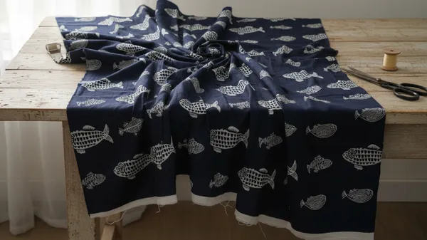 INDHA_Hand_Block-Printed_Jaipuri_Cotton_Fabric_Blue_|_Grey_Fish_Design_Motif_Fabric_|_Hand_Block_Printed_Fabric_|_Home_Utility_|_Fashion_Utility_|_Gifting_|3_Meter_X_42-44_Wide