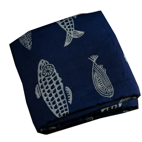 INDHA_Hand_Block-Printed_Jaipuri_Cotton_Fabric_Blue_|_Grey_Fish_Design_Motif_Fabric_|_Hand_Block_Printed_Fabric_|_Home_Utility_|_Fashion_Utility_|_Gifting_|3_Meter_X_42-44_Wide