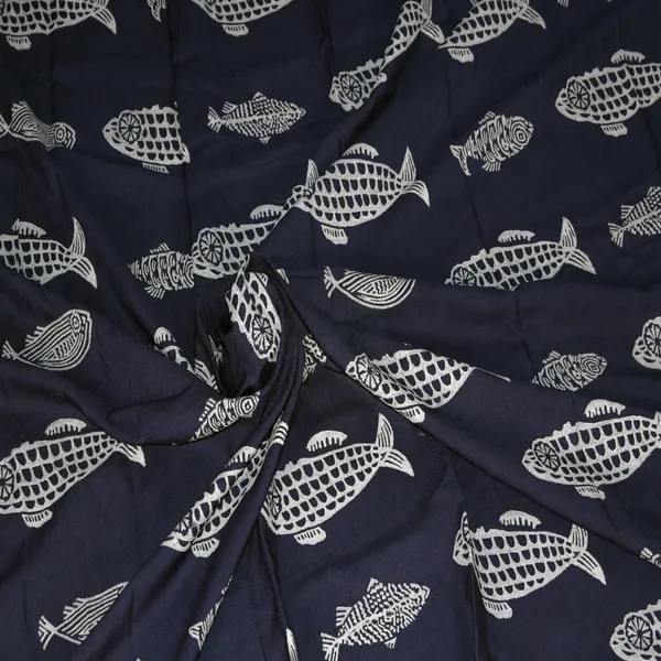 INDHA_Hand_Block-Printed_Jaipuri_Cotton_Fabric_Blue_|_Grey_Fish_Design_Motif_Fabric_|_Hand_Block_Printed_Fabric_|_Home_Utility_|_Fashion_Utility_|_Gifting_|3_Meter_X_42-44_Wide