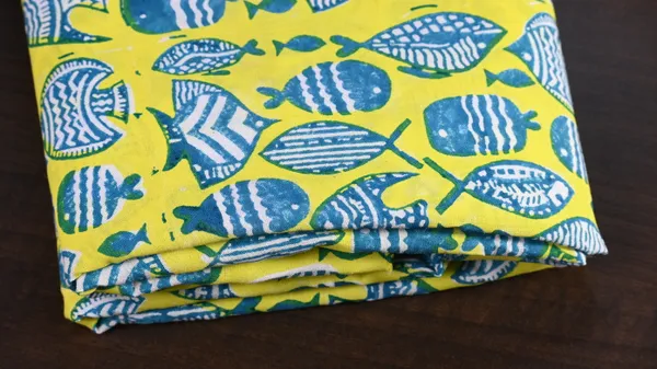 INDHA_Hand_Block-Printed_Jaipuri_Cotton_Fabric_Lemon_Green_|_Fishes_Family_Motif_Fabric_|_Hand_Block_Printed_Fabric_|_Home_Utility_|_Fashion_Utility_|_Gifting_|_3_Meter_X_42-44_Wide