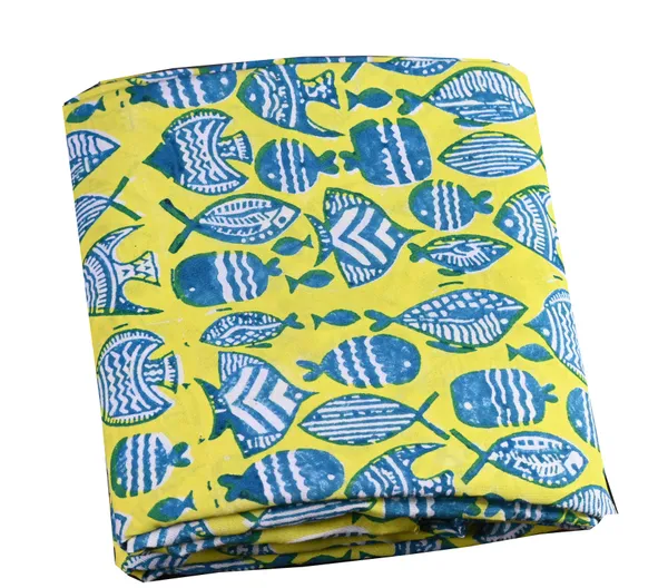 INDHA_Hand_Block-Printed_Jaipuri_Cotton_Fabric_Lemon_Green_|_Fishes_Family_Motif_Fabric_|_Hand_Block_Printed_Fabric_|_Home_Utility_|_Fashion_Utility_|_Gifting_|_3_Meter_X_42-44_Wide