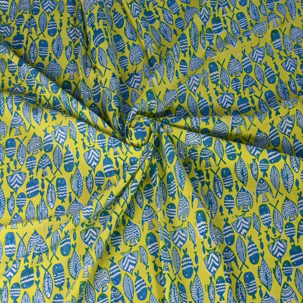 INDHA_Hand_Block-Printed_Jaipuri_Cotton_Fabric_Lemon_Green_|_Fishes_Family_Motif_Fabric_|_Hand_Block_Printed_Fabric_|_Home_Utility_|_Fashion_Utility_|_Gifting_|_3_Meter_X_42-44_Wide