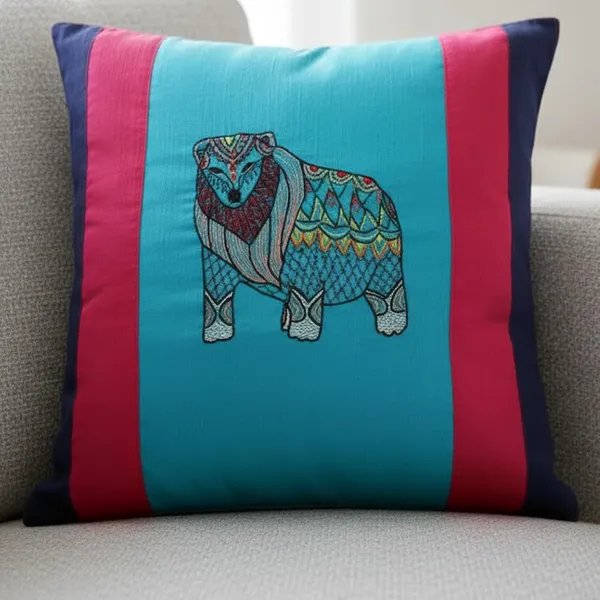 INDHA_Hand_Embroidered_Dupion_Silk_Cushion_Cover_|_Multicolor_Floral_Design_with_Jungle_Bear_Motif_|_Pink_&_Sky_Blue_Square_Throw_Cushion_Cover_for_Home_Décor_&_Festive_Gifting_(20_x_20_Inches)