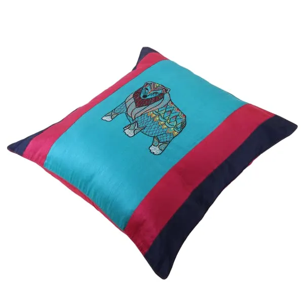 INDHA_Hand_Embroidered_Dupion_Silk_Cushion_Cover_|_Multicolor_Floral_Design_with_Jungle_Bear_Motif_|_Pink_&_Sky_Blue_Square_Throw_Cushion_Cover_for_Home_Décor_&_Festive_Gifting_(20_x_20_Inches)