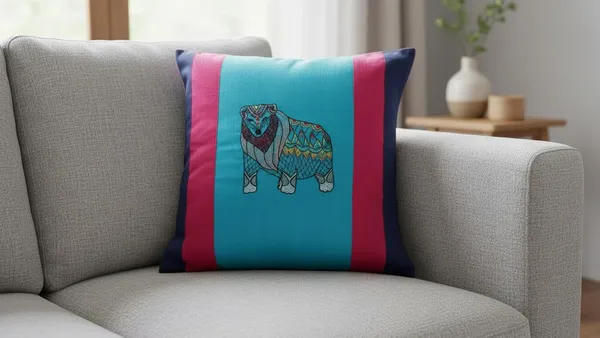 INDHA_Hand_Embroidered_Dupion_Silk_Cushion_Cover_|_Multicolor_Floral_Design_with_Jungle_Bear_Motif_|_Pink_&_Sky_Blue_Square_Throw_Cushion_Cover_for_Home_Décor_&_Festive_Gifting_(20_x_20_Inches)