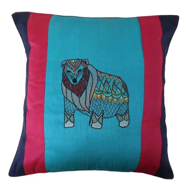 INDHA_Hand_Embroidered_Dupion_Silk_Cushion_Cover_|_Multicolor_Floral_Design_with_Jungle_Bear_Motif_|_Pink_&_Sky_Blue_Square_Throw_Cushion_Cover_for_Home_Décor_&_Festive_Gifting_(20_x_20_Inches)