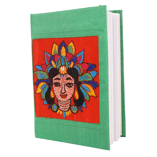 INDHA_Hand-Embroidered_Dupion_Silk_Diary_–_5x7_Inches,_Woman_Face_Design,_Eco-Friendly_100_GSM_Recycled_Paper,_Elegant_Gift_Choice_(Orange_Women_Face)