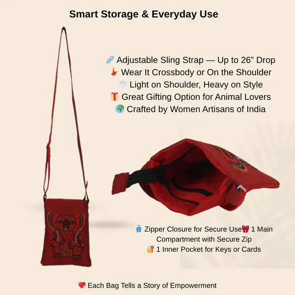 INDHA_Hand_Embroidered_Sling_Bag_for_Women_|_Koala_Bear_Design_|_Maroon_Crossbody_Cloth_Bag_|_Adjustable_Strap_|_Small_Dupion_Silk_Sling_Bag_for_Travel,_College_&_Gifting