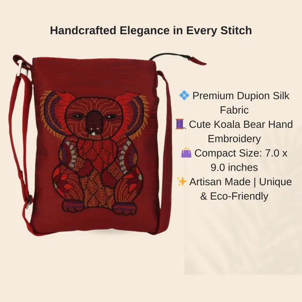 INDHA_Hand_Embroidered_Sling_Bag_for_Women_|_Koala_Bear_Design_|_Maroon_Crossbody_Cloth_Bag_|_Adjustable_Strap_|_Small_Dupion_Silk_Sling_Bag_for_Travel,_College_&_Gifting