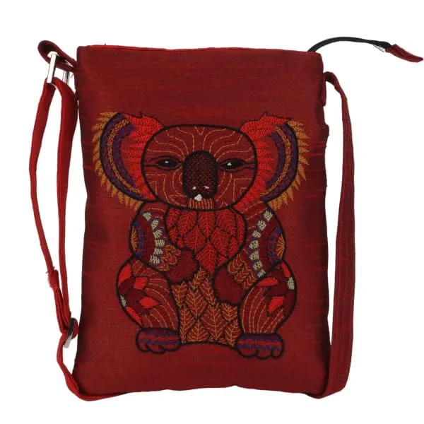 INDHA_Hand_Embroidered_Sling_Bag_for_Women_|_Koala_Bear_Design_|_Maroon_Crossbody_Cloth_Bag_|_Adjustable_Strap_|_Small_Dupion_Silk_Sling_Bag_for_Travel,_College_&_Gifting