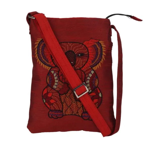 INDHA_Hand_Embroidered_Sling_Bag_for_Women_|_Koala_Bear_Design_|_Maroon_Crossbody_Cloth_Bag_|_Adjustable_Strap_|_Small_Dupion_Silk_Sling_Bag_for_Travel,_College_&_Gifting