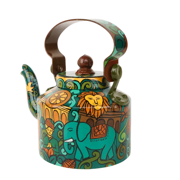 INDHA_Hand-Painted_Aluminum_Decorative_Kettle_–_Meditating_Figure,_Lion_&_Elephant_Art_|_Nature-Inspired_Floral_Design_|_1-Litre_|_Home_Décor,_Tea_Serving_&_Gifting