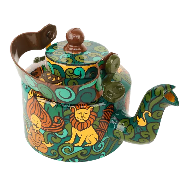 INDHA_Hand-Painted_Aluminum_Decorative_Kettle_–_Meditating_Figure,_Lion_&_Elephant_Art_|_Nature-Inspired_Floral_Design_|_1-Litre_|_Home_Décor,_Tea_Serving_&_Gifting