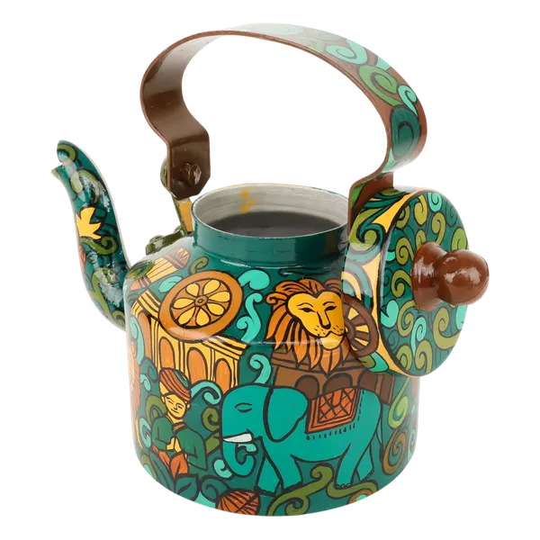 INDHA_Hand-Painted_Aluminum_Decorative_Kettle_–_Meditating_Figure,_Lion_&_Elephant_Art_|_Nature-Inspired_Floral_Design_|_1-Litre_|_Home_Décor,_Tea_Serving_&_Gifting