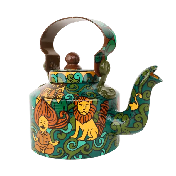 INDHA_Hand-Painted_Aluminum_Decorative_Kettle_–_Meditating_Figure,_Lion_&_Elephant_Art_|_Nature-Inspired_Floral_Design_|_1-Litre_|_Home_Décor,_Tea_Serving_&_Gifting