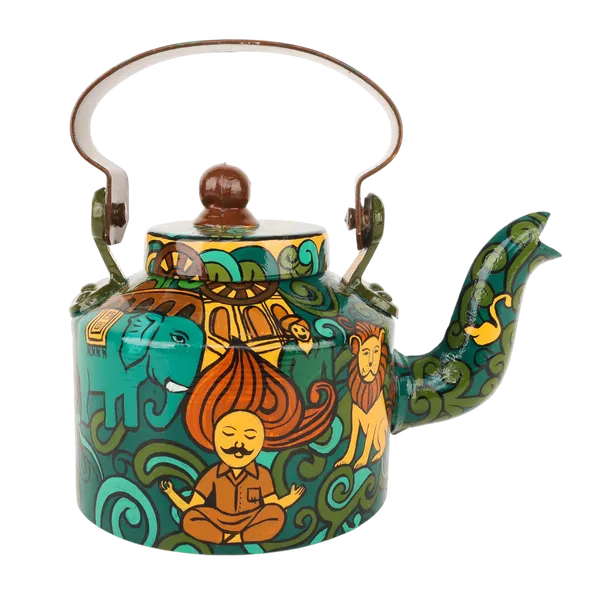 INDHA_Hand-Painted_Aluminum_Decorative_Kettle_–_Meditating_Figure,_Lion_&_Elephant_Art_|_Nature-Inspired_Floral_Design_|_1-Litre_|_Home_Décor,_Tea_Serving_&_Gifting